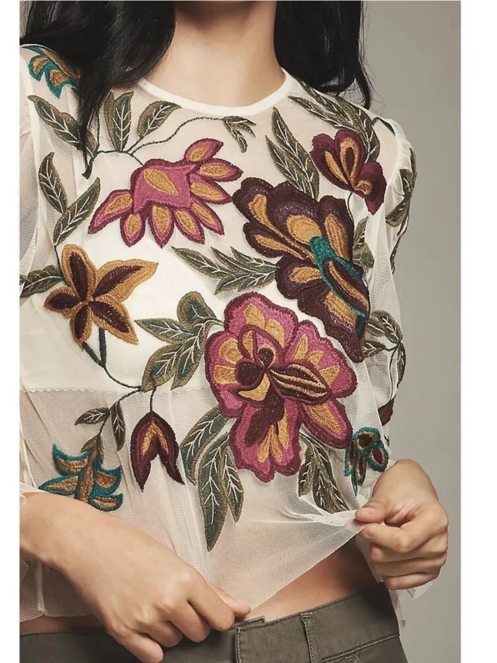 Anthropologie The Layla Floral Mesh Puff-Sleeve Appliqué Mesh Blouse Size XL